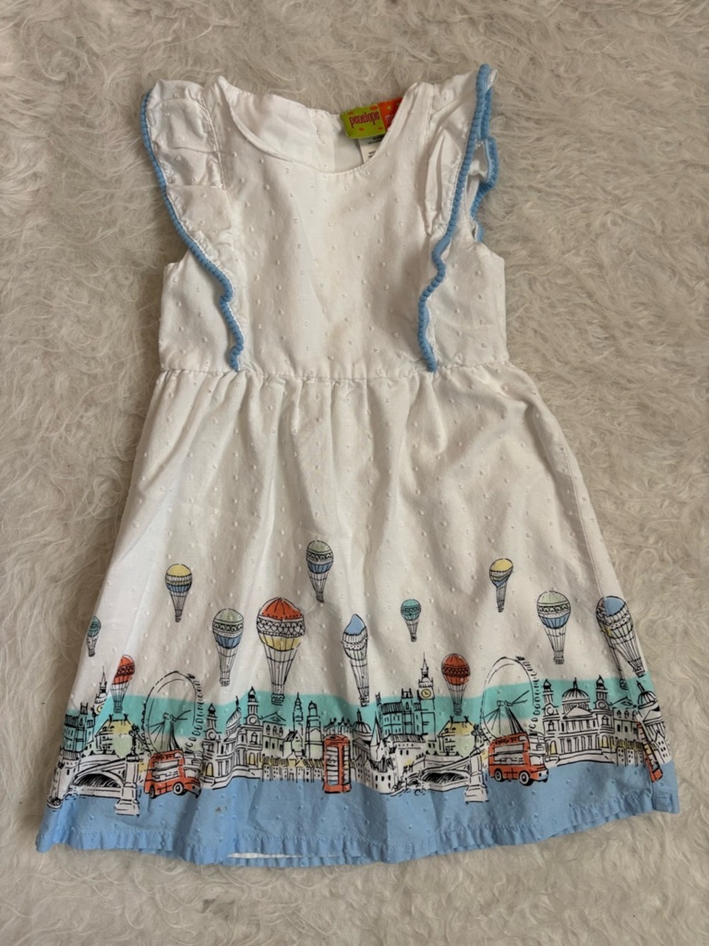 Penelope Mack White Swiss Dot Dress with Multicolor Whimsical Cityscape Design